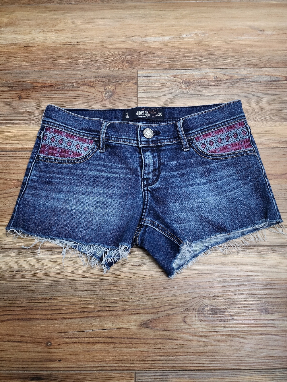 Y2K Hollister Jean Shorts Women's 3 Blue Embroidered Low-Rise Cut-Offs
